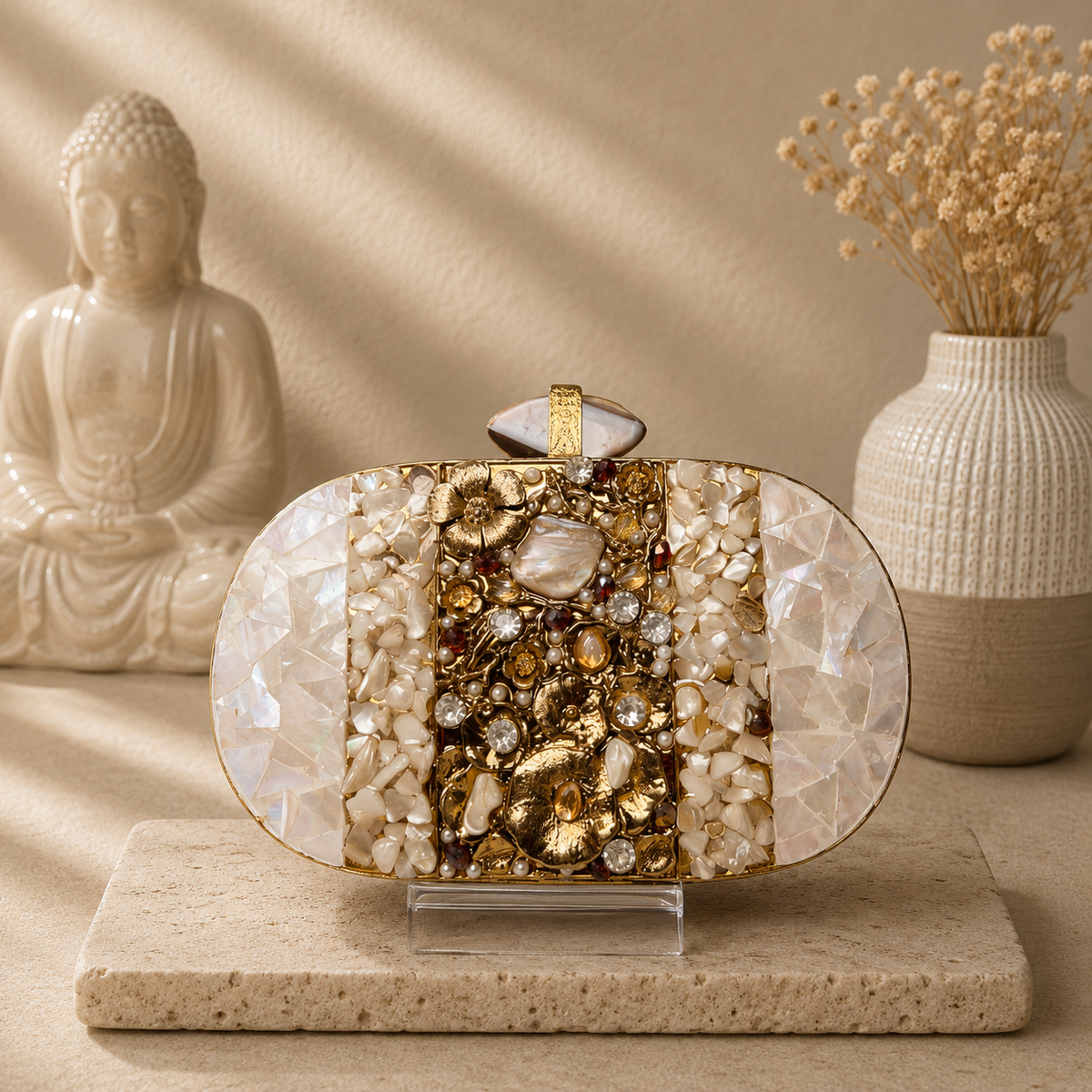 Golden Floral Mother-of-Pearl Clutch