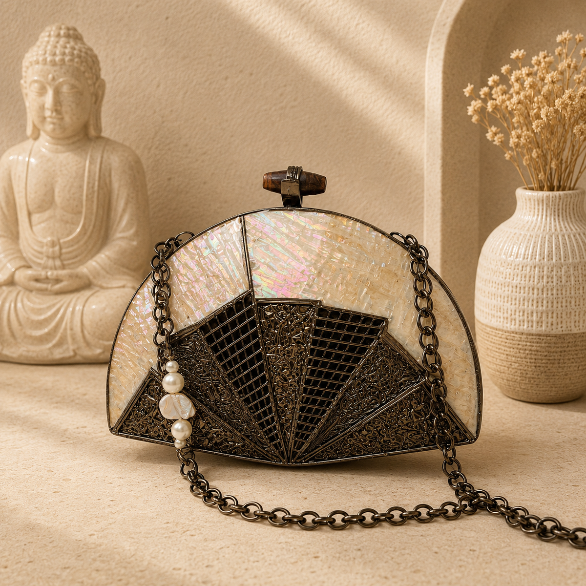 Noir Fan Mother-of-Pearl Clutch