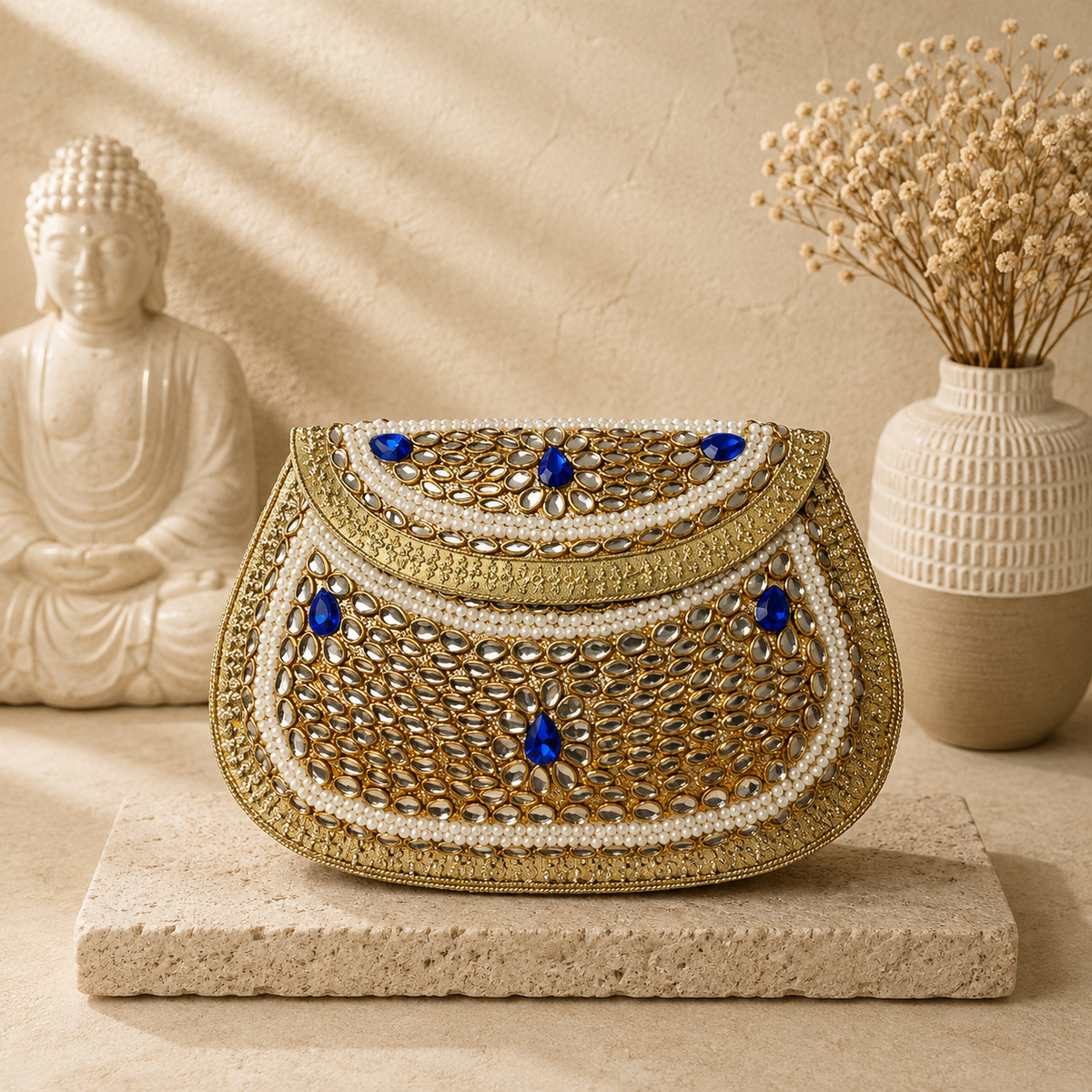 Sapphire Pearl Kundan Clutch