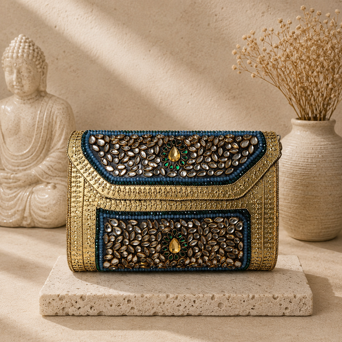 Emerald Frame Kundan Clutch