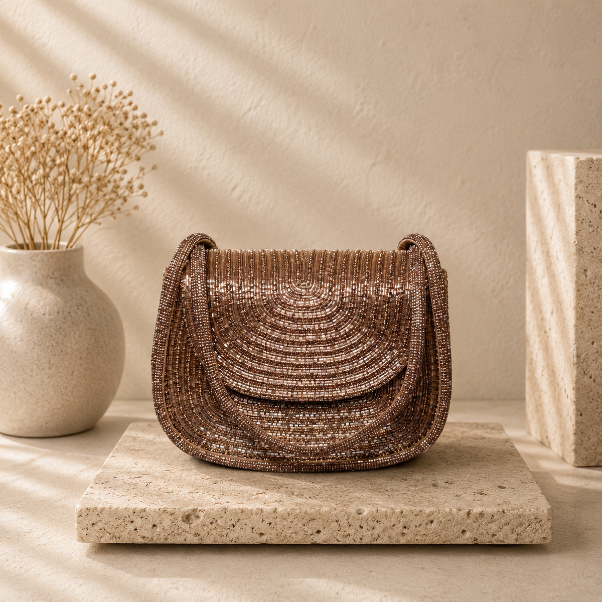Beaded Crescent Flap Handbag
