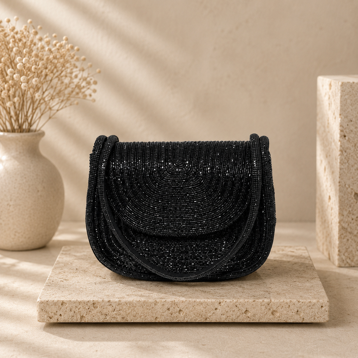 Beaded Crescent Flap Handbag