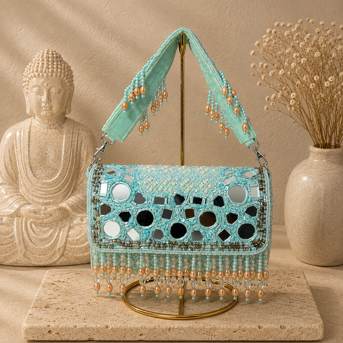 Mirror Pearl Fringe Handbag