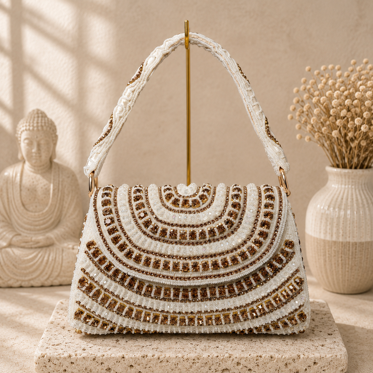Beaded Arc Flap Handbag