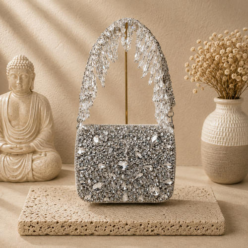 Crystal Fringe Cocktail Handbag Grey | color:cream