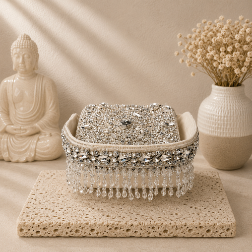 Crystal Fringe Cocktail Handbag Silver | color:cream