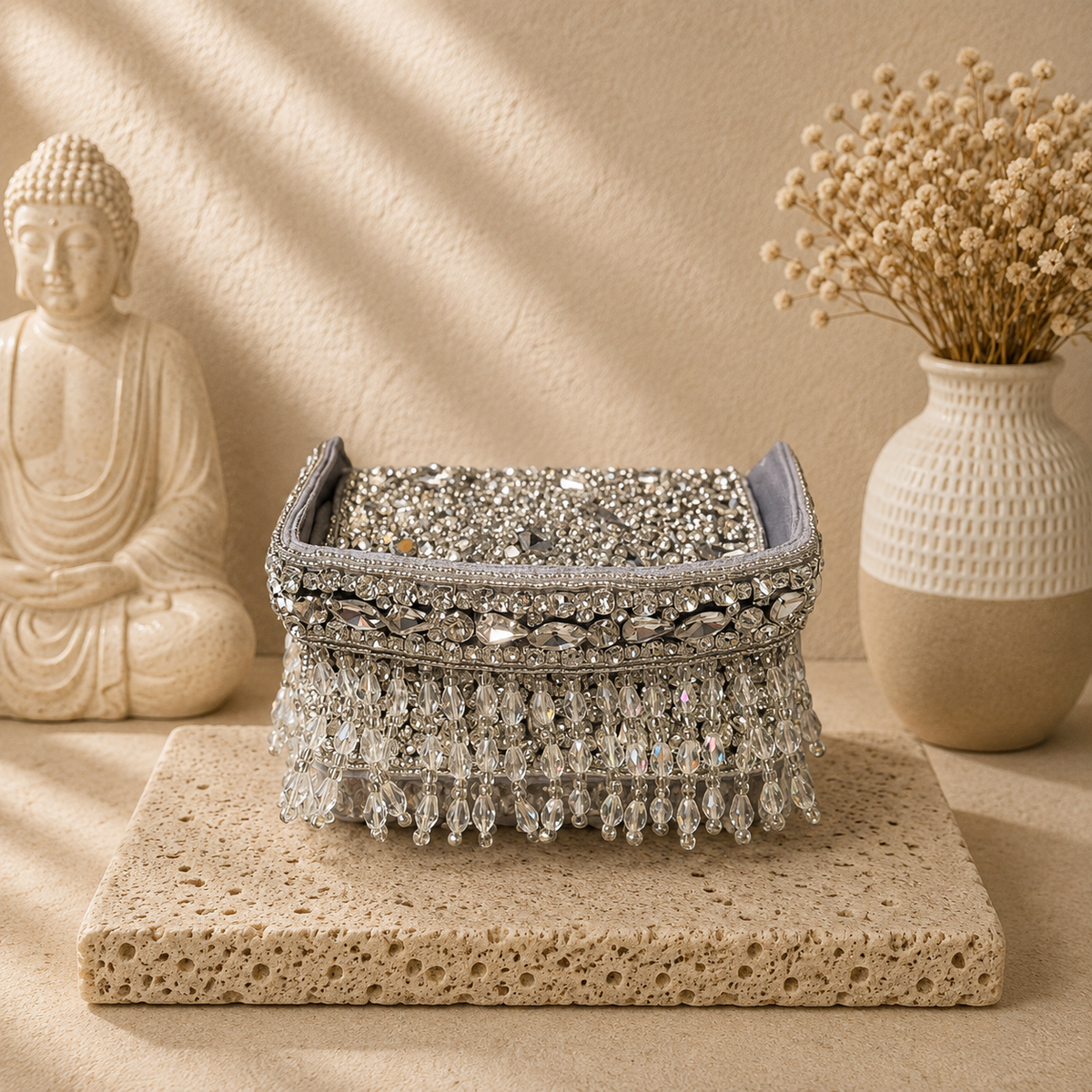 Crystal Fringe Cocktail Handbag Silver | color:grey