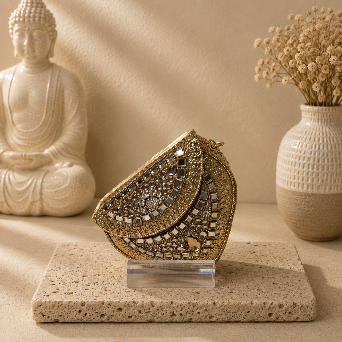 Crystal Fold Mini Kundan Clutch