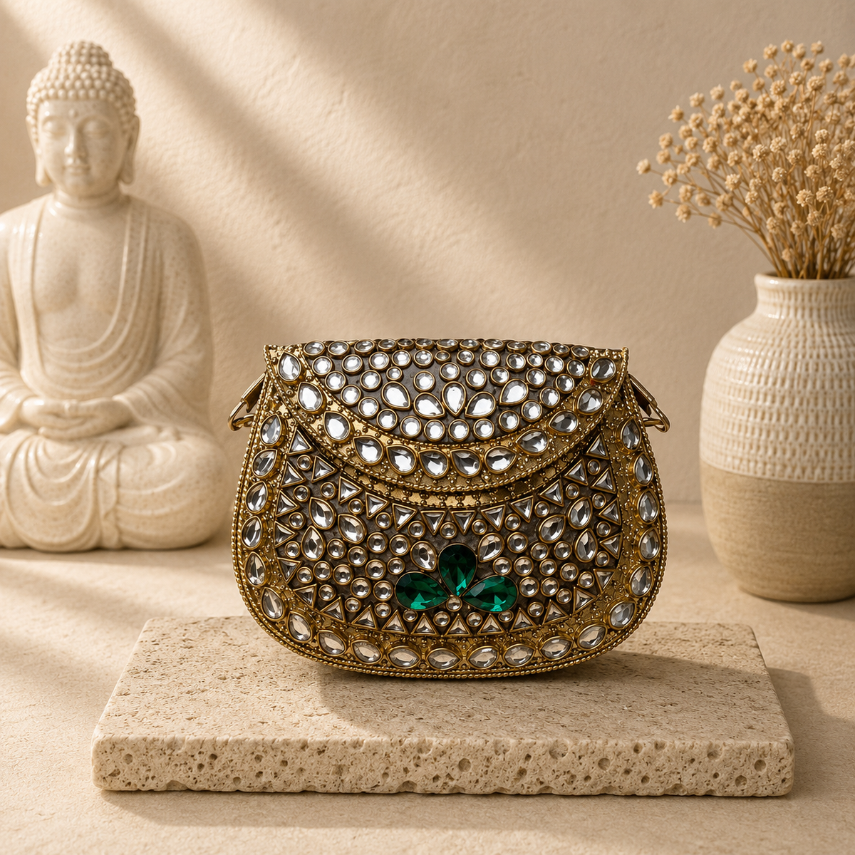 Emerald Bloom Mini Kundan Clutch