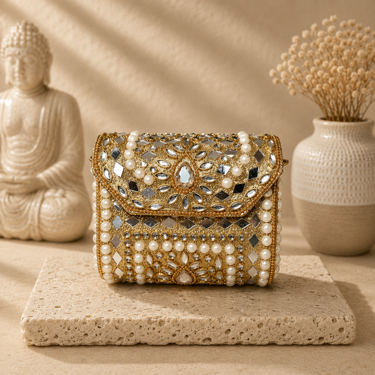 Pearl Mirror Mini Kundan Clutch