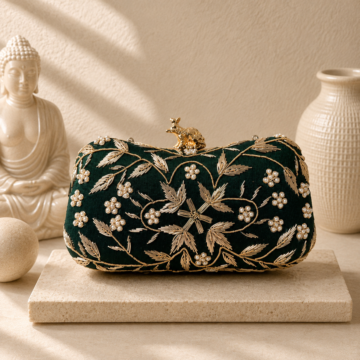 Embroidered Sequin Clutch Bottle Green | color:bottle-green