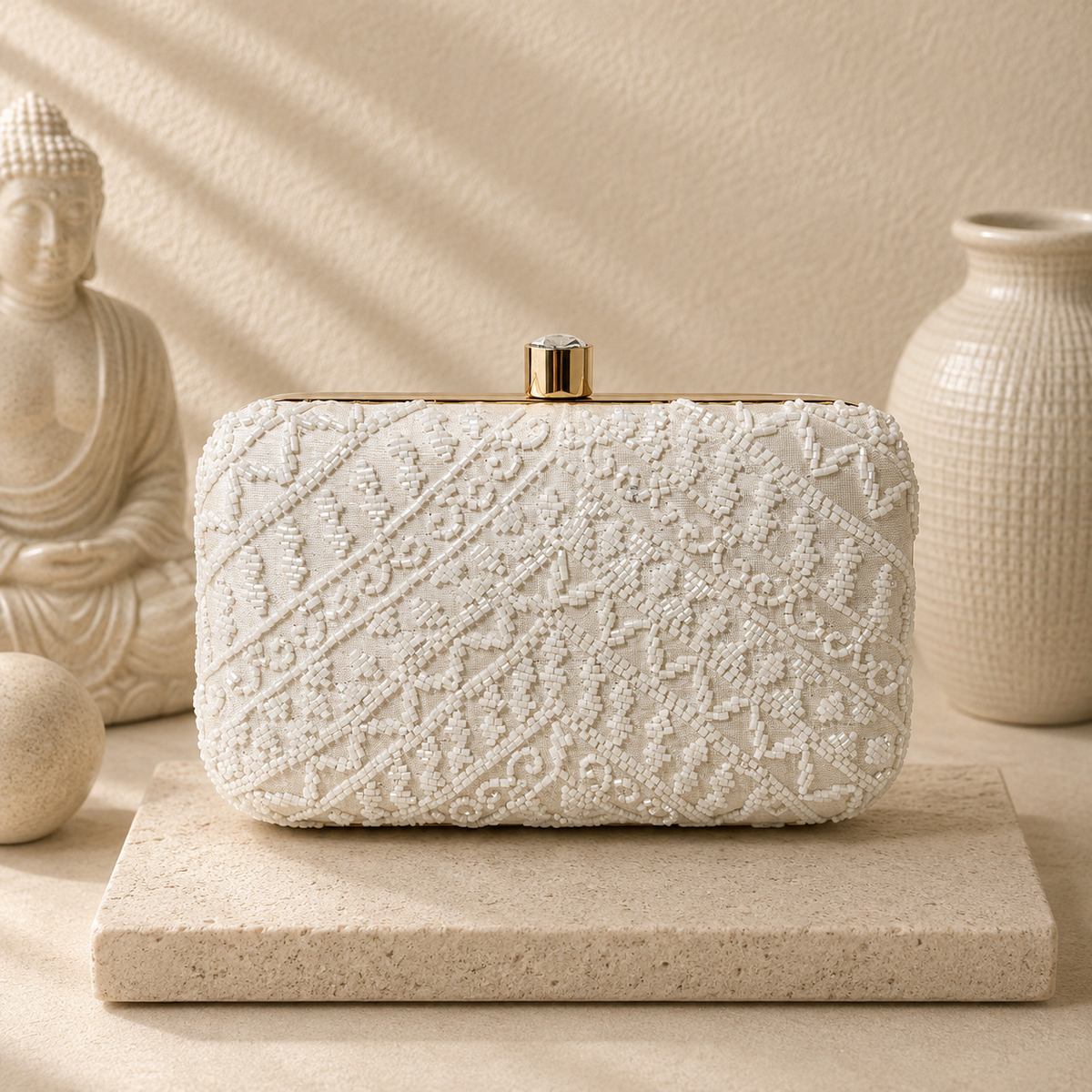 Ivory Beaded Lace Box Clutch