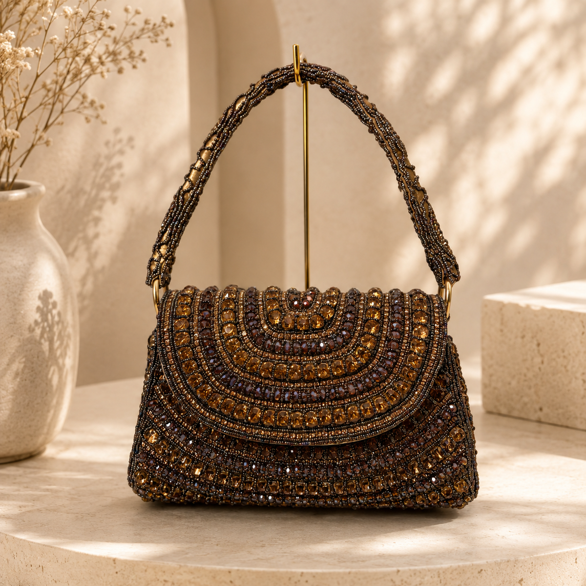 Beaded Arc Flap Handbag