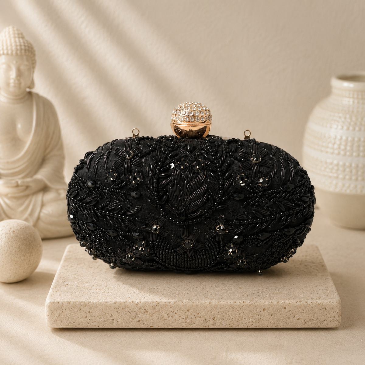 Midnight Beaded Oval Clutch