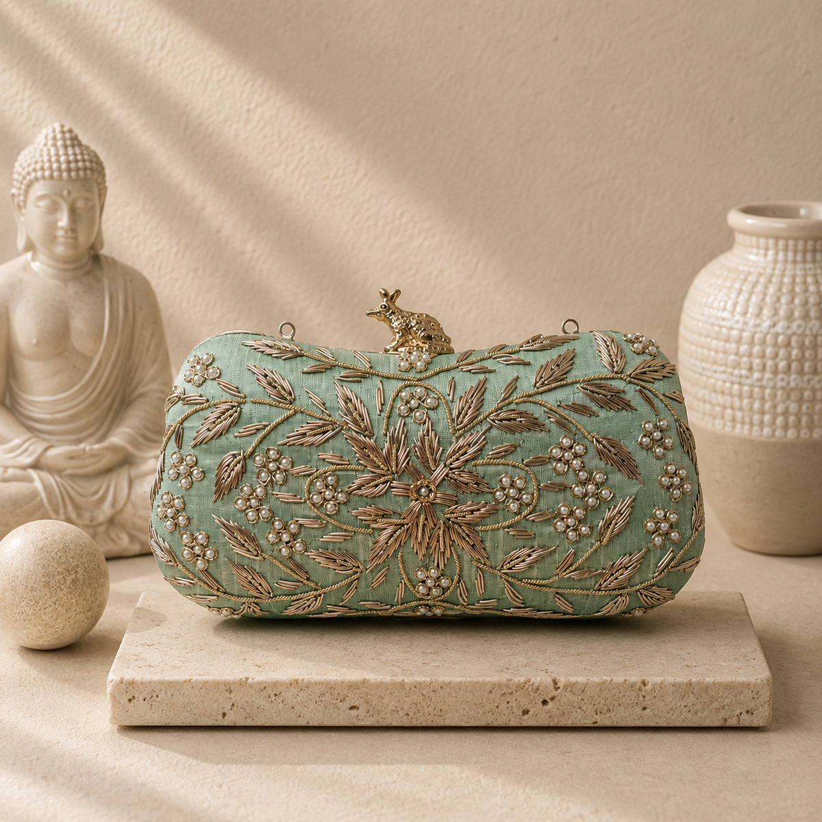 Embroidered Sequin Clutch Mint Green | color:mint-green