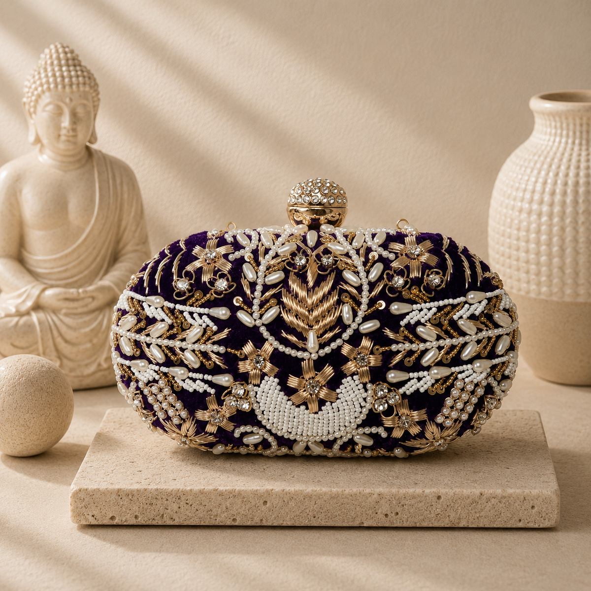 Royal Purple Embroidered Oval Clutch