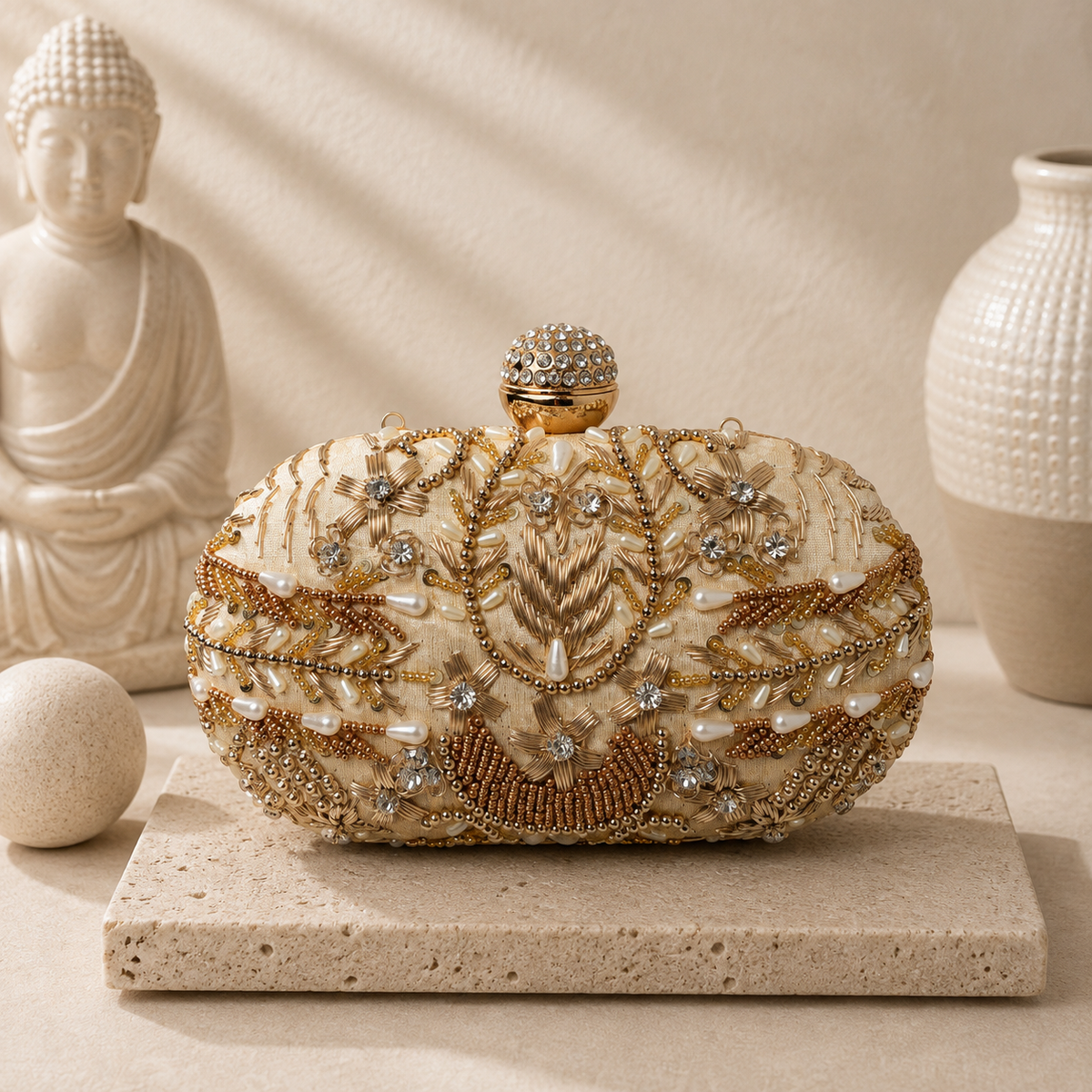 Champagne Embroidered Oval Clutch