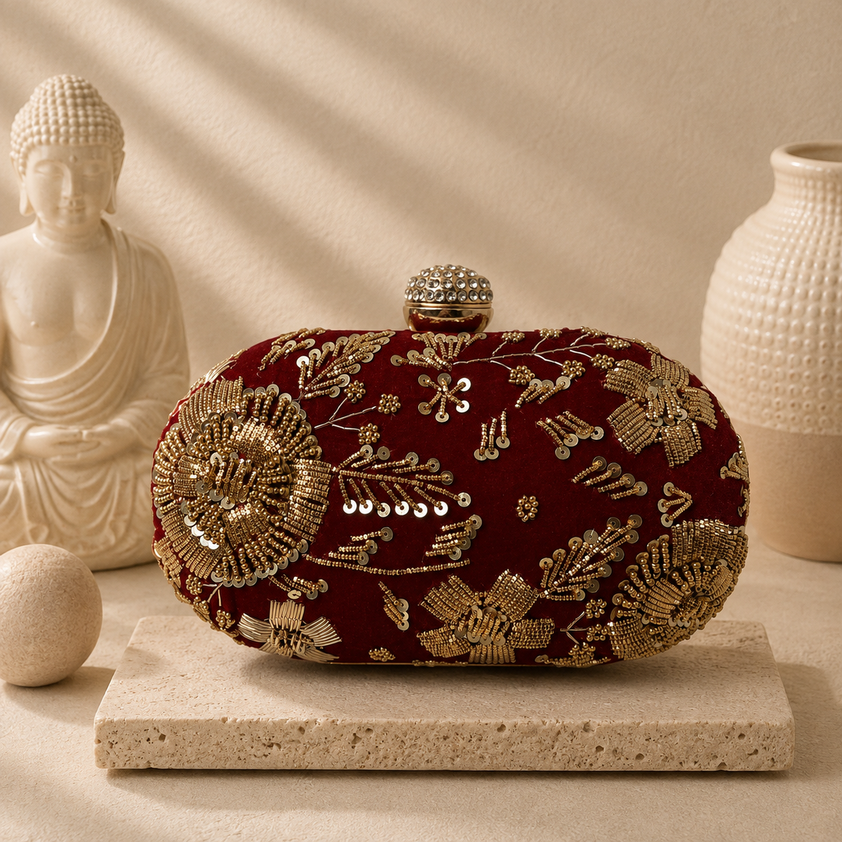 Ruby Velvet Sequin Oval Clutch
