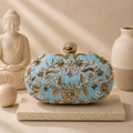 Sky Blue Embroidered Oval Clutch