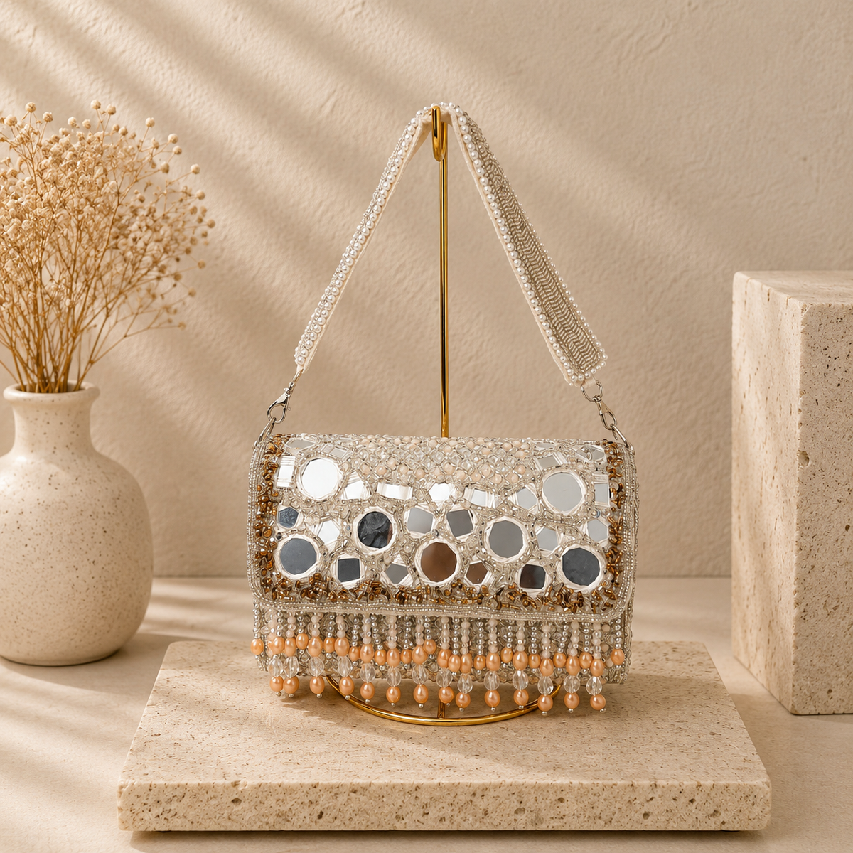 Mirror Pearl Fringe Handbag