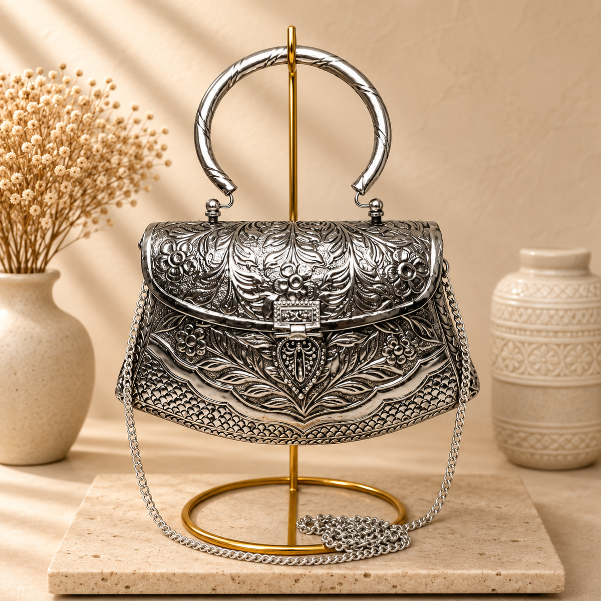 Ornate Floral Brass Handbag