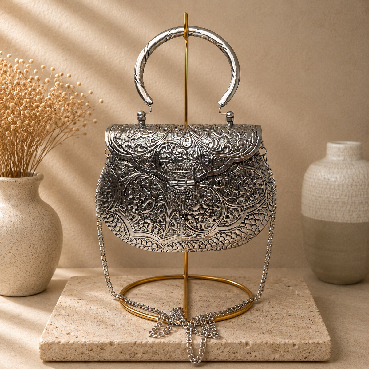 Embossed Floral Brass Handbag