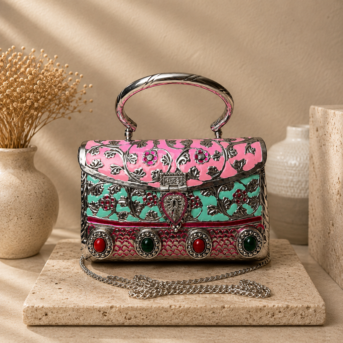 Enamel Floral Brass Handbag