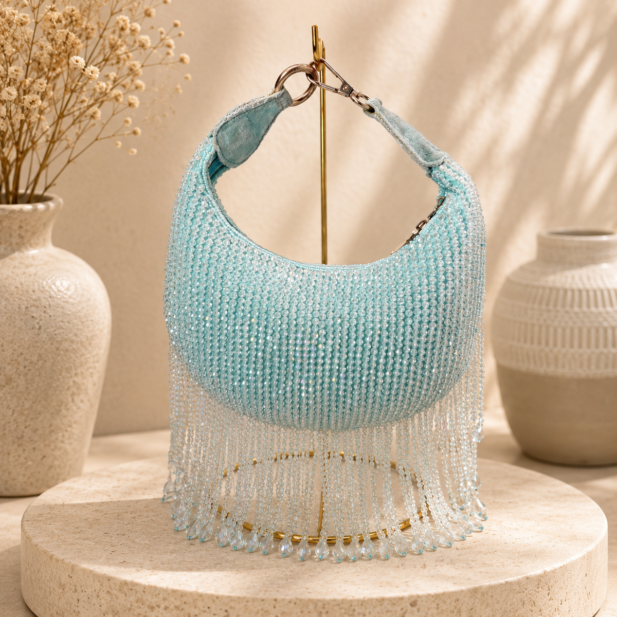 Hanging Beads Moon Bag Sky Blue | color:sky-blue