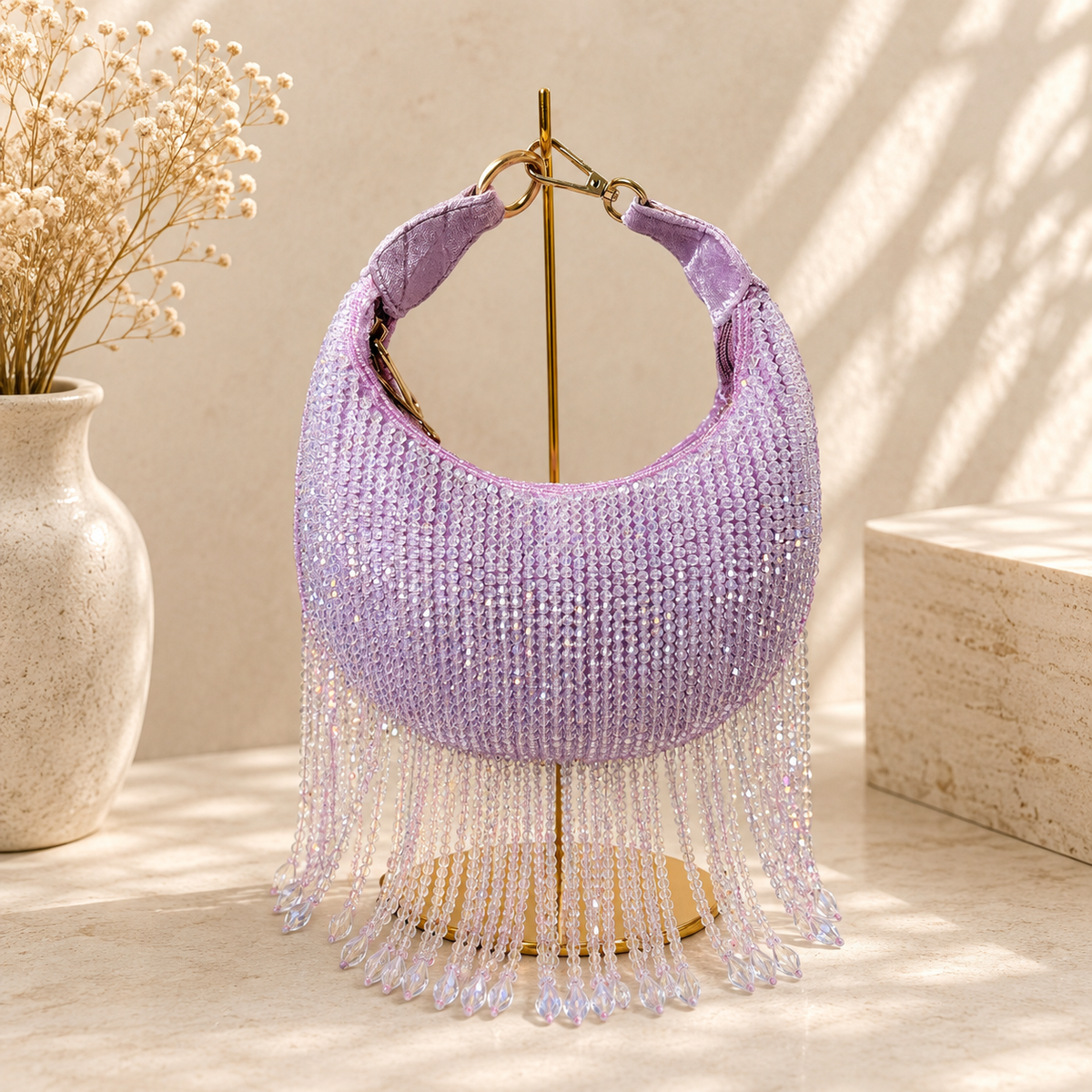Hanging Beads Moon Bag Pink | color:pink