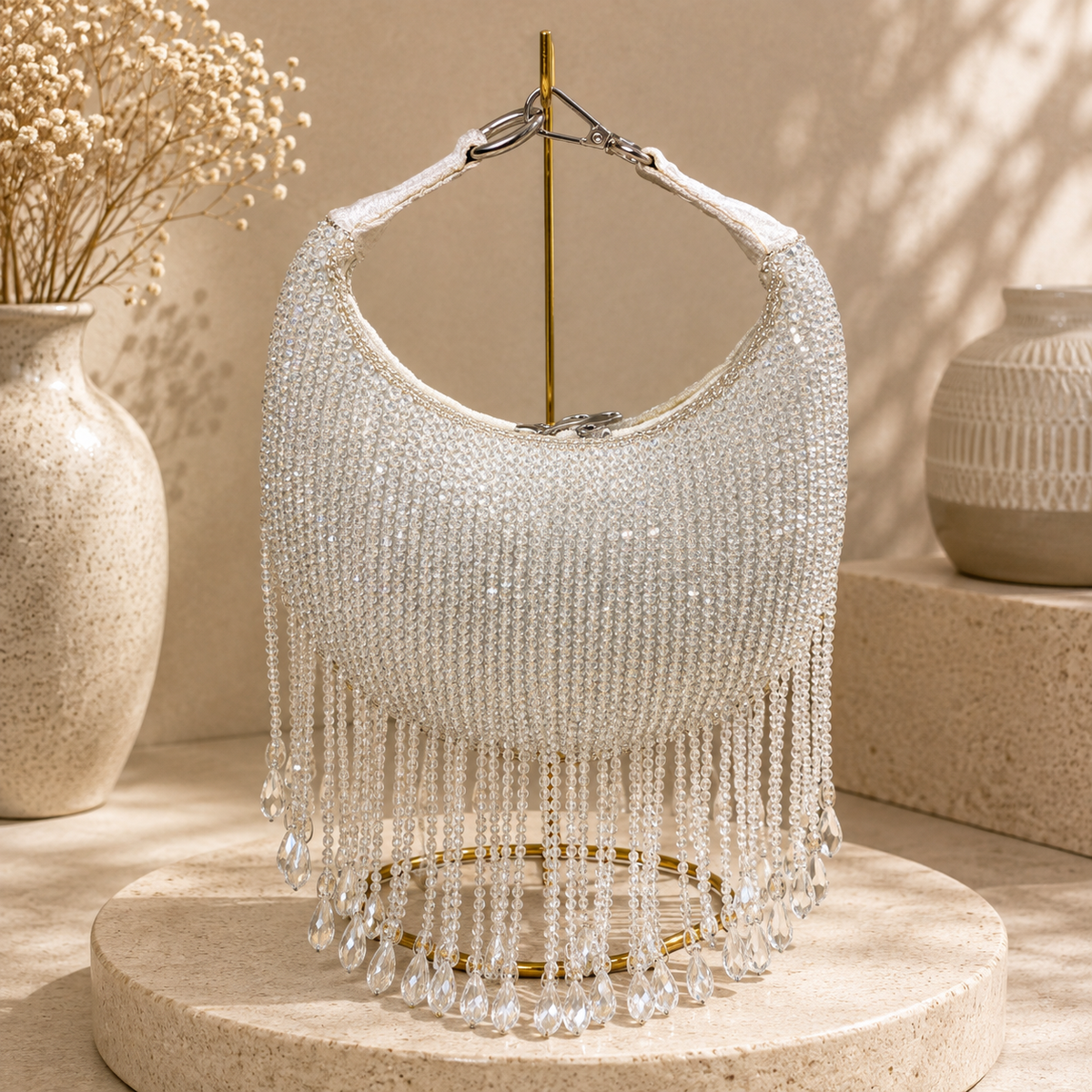 Hanging Beads Moon Bag White | color:white