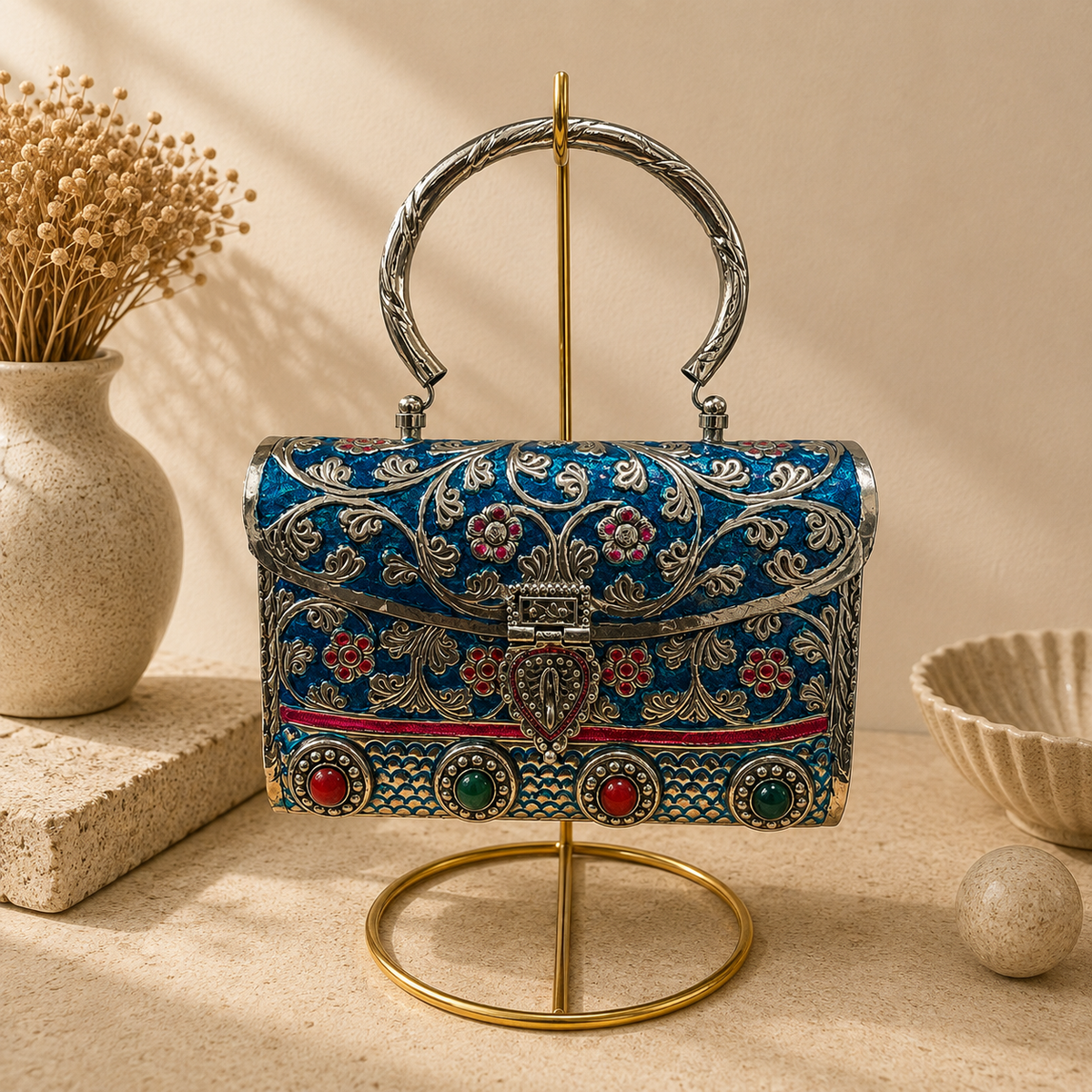 Enamel Floral Brass Handbag