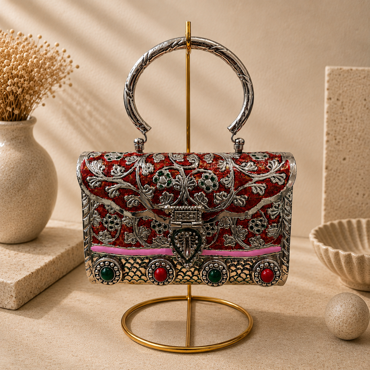 Enamel Floral Brass Handbag