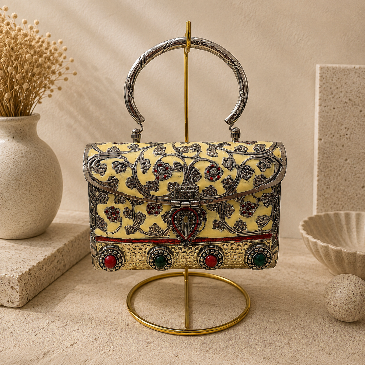 Enamel Floral Brass Handbag