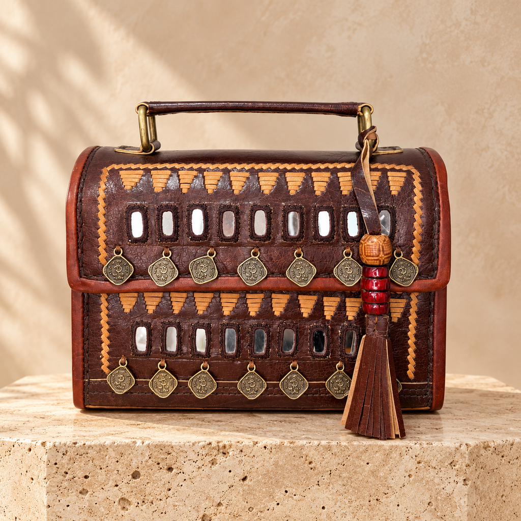 Brown mirror and coin Hut Handbag with tan stitching and beaded leather tassel, front view