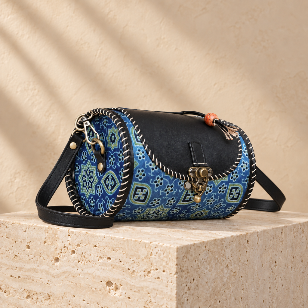 Side angle of Midnight Blue Traditional Dholak Handbag showing rounded patterned side and leather sling
