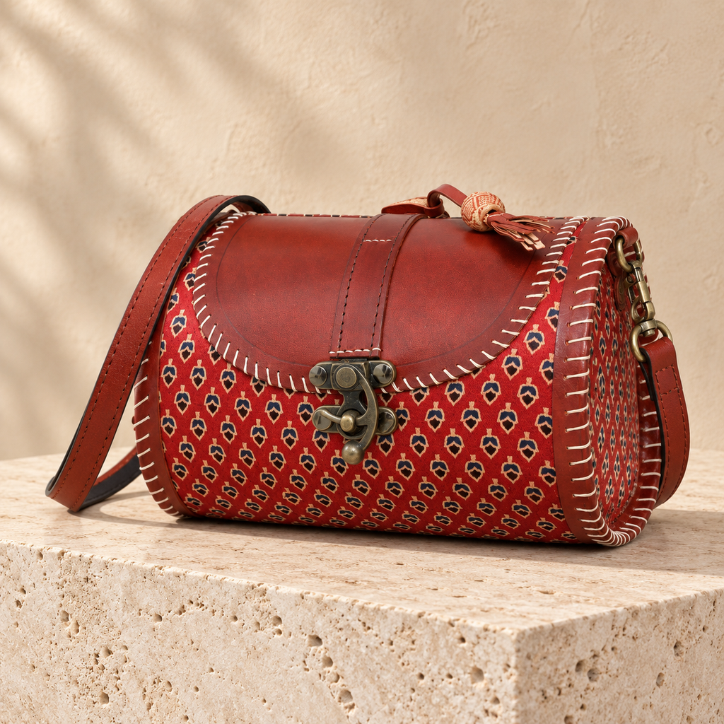 Side angle of Rust Red Traditional Dholak Handbag showing rounded side and sling attachment
