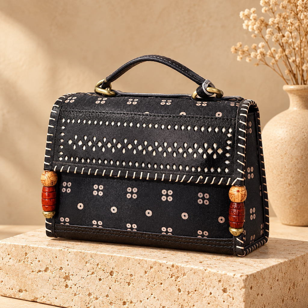 Hut Handbag – black bandhej – on a stone pedestal