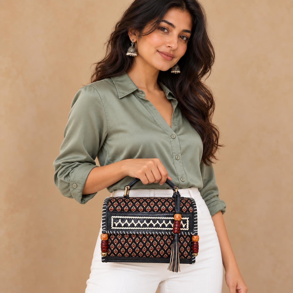 Hut Handbag in black – model wearing sage blouse and white pants