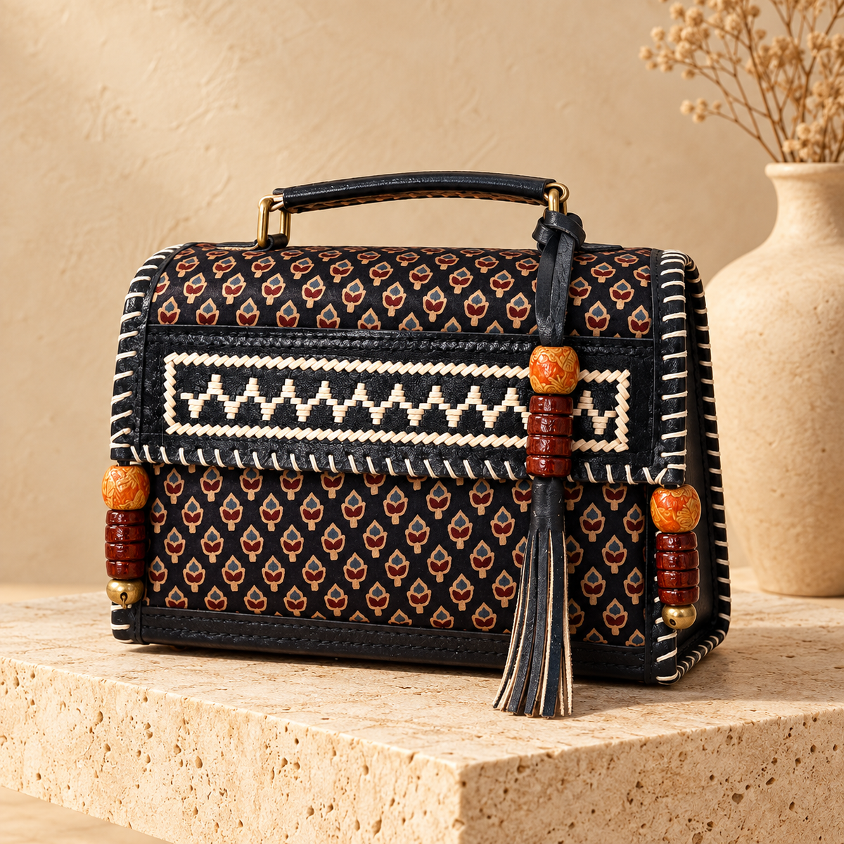 Hut Handbag in black – on a stone pedestal