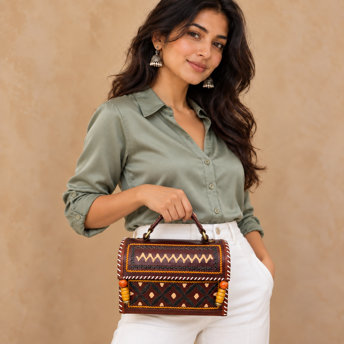 Brown Kutch Embroidery Hut Handbag held by model in white pants
