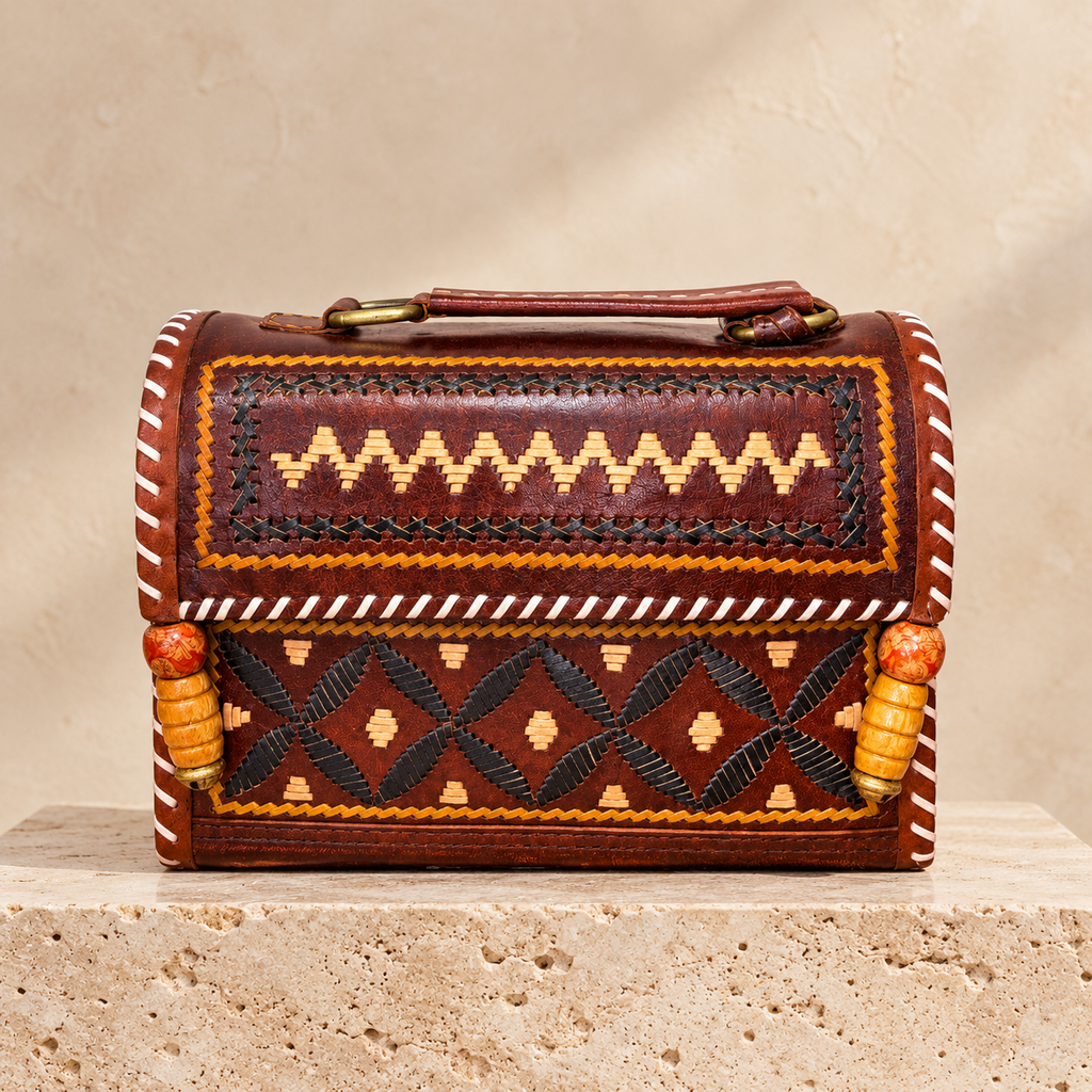 Brown Kutch Embroidery Hut Handbag on travertine pedestal