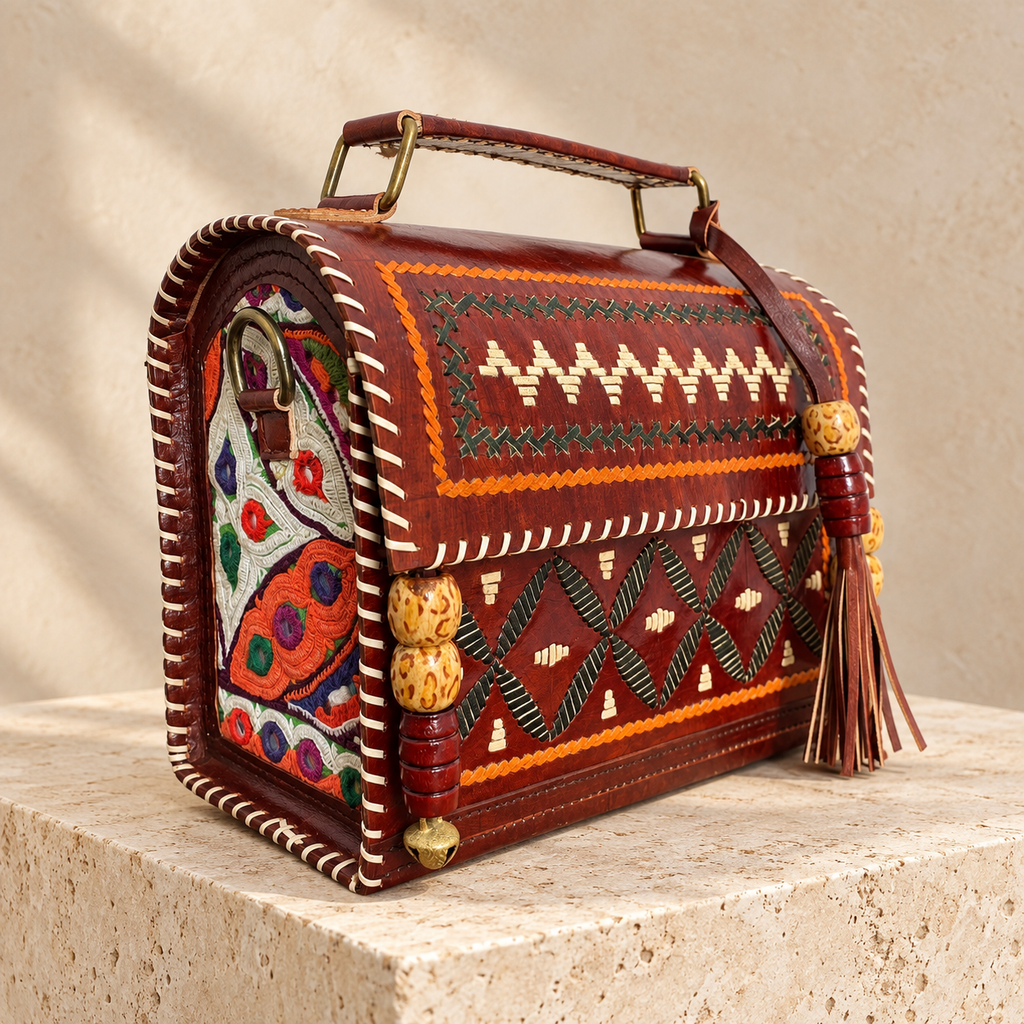 Side angle of Brown Kutch Embroidery Hut Handbag showing embroidered side panel and sling attachment