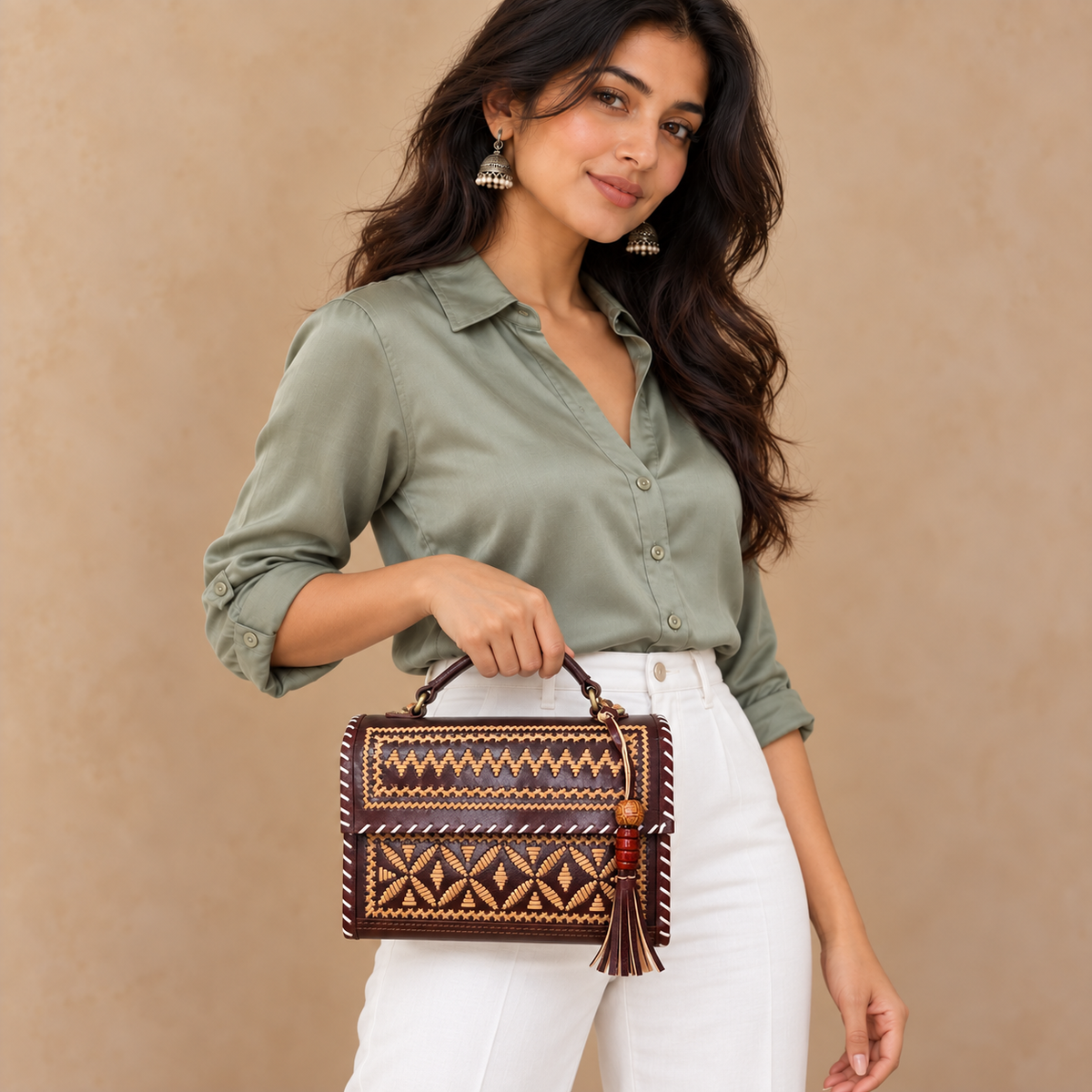 Brown & Tan Embroidery Hut Handbag held by model in white pants