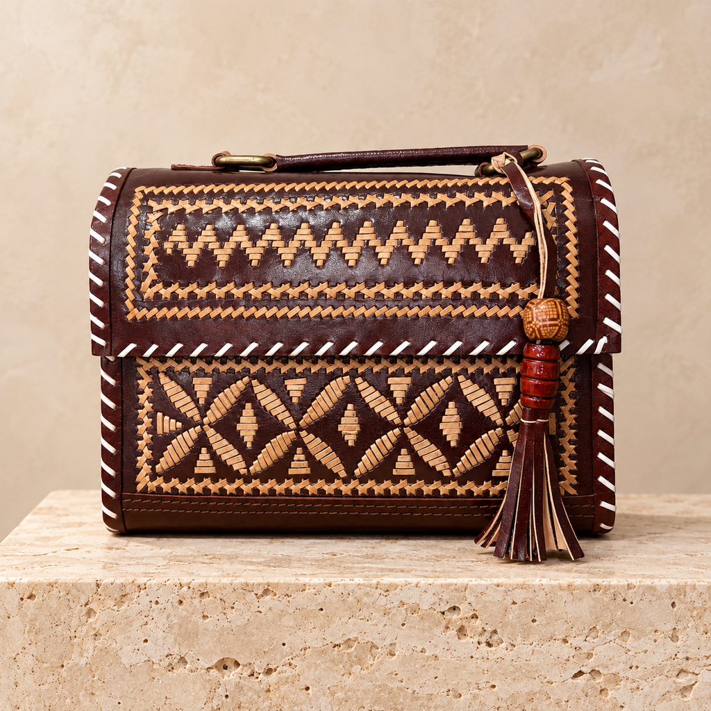 Brown & Tan Embroidery Hut Handbag on travertine pedestal