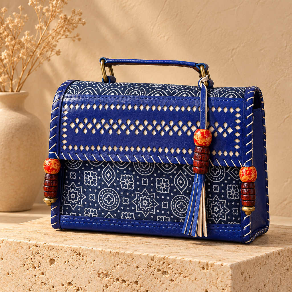 Hut Handbag in cobalt blue – on a stone pedestal