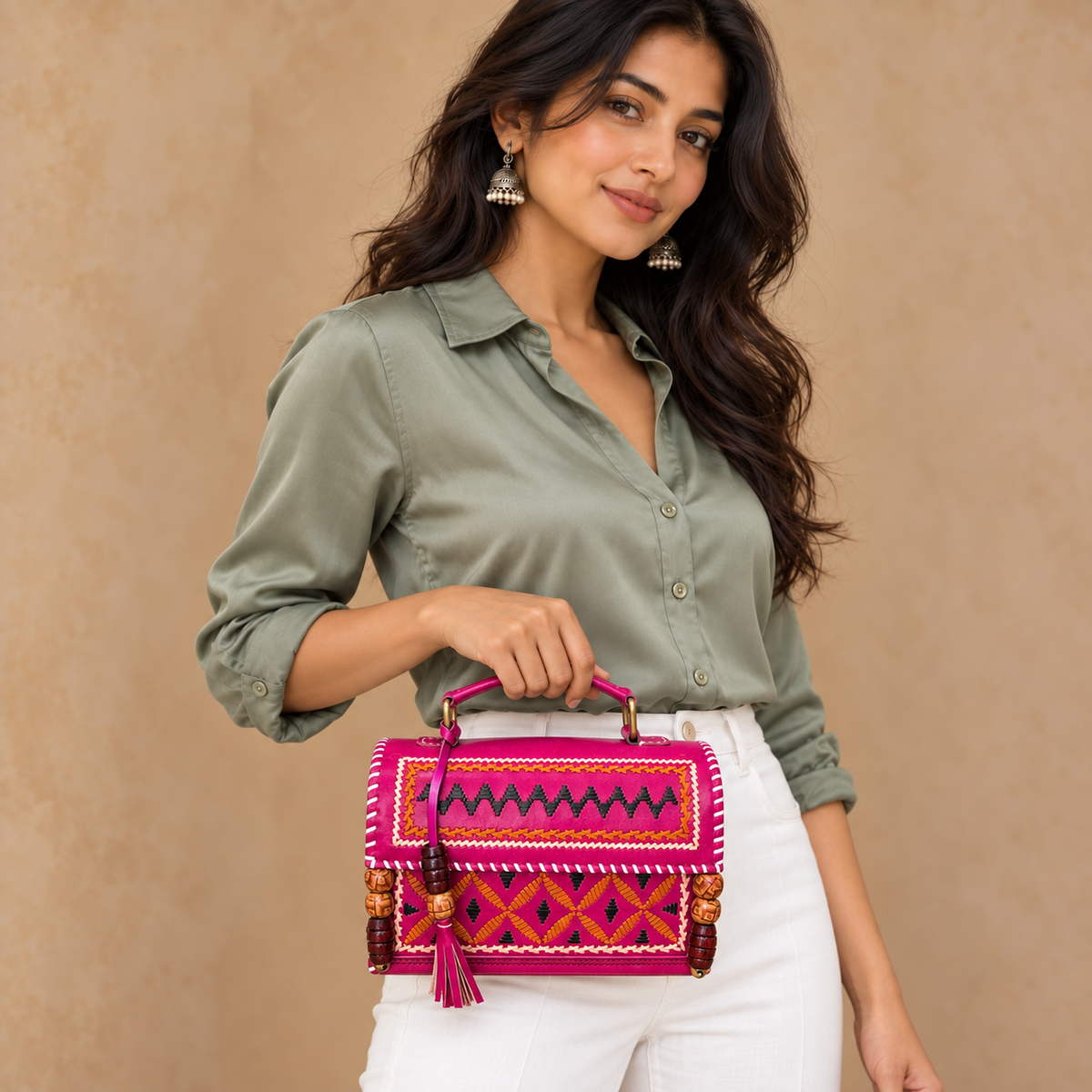 Model holding fuchsia Kutch embroidery Hut Handbag against white pants