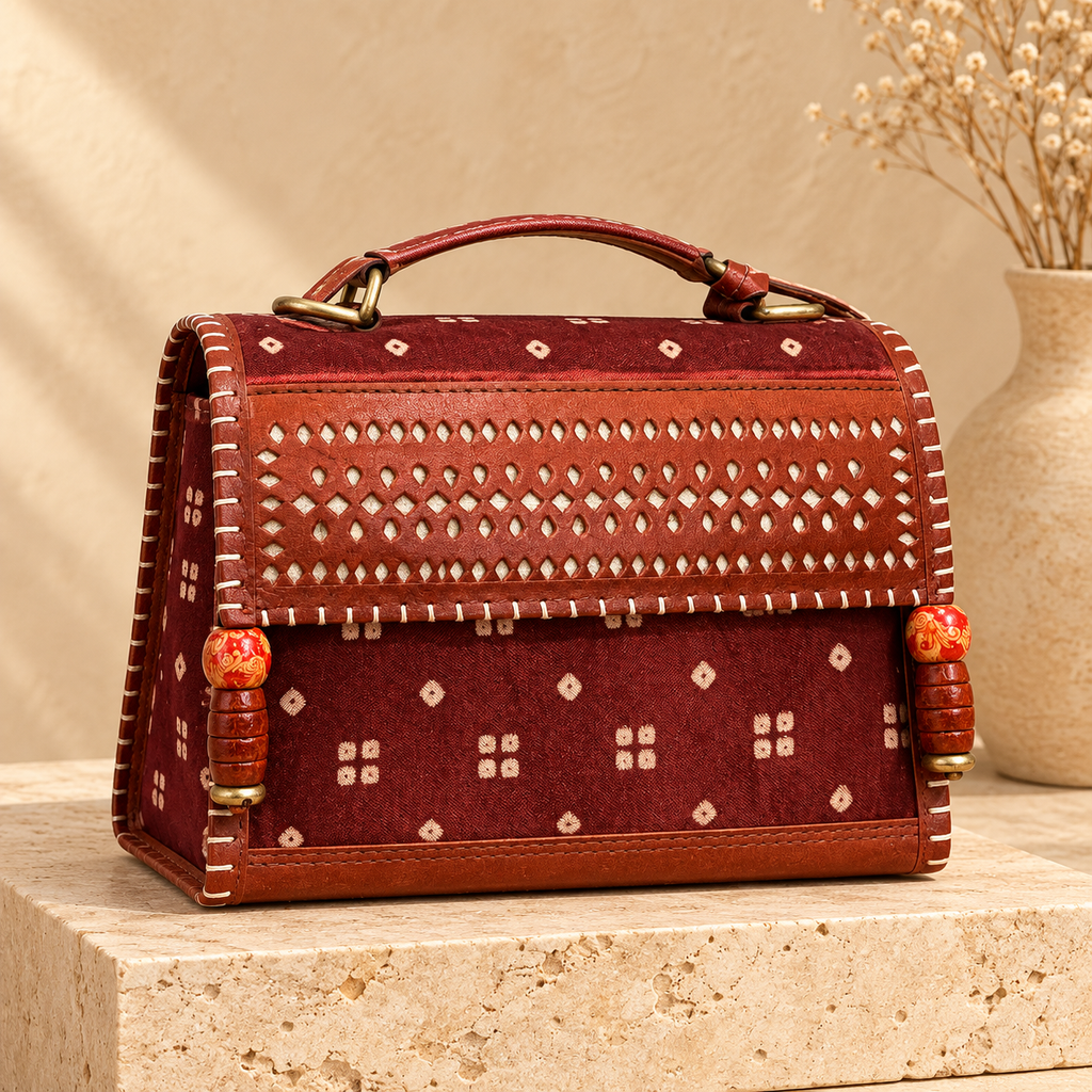 Hut Handbag – maroon bandhej – on a stone pedestal