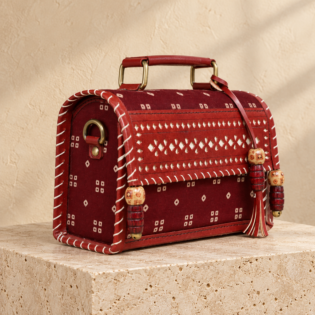 Side angle of Maroon Bandhej Hut Handbag showing patterned side and sling attachment