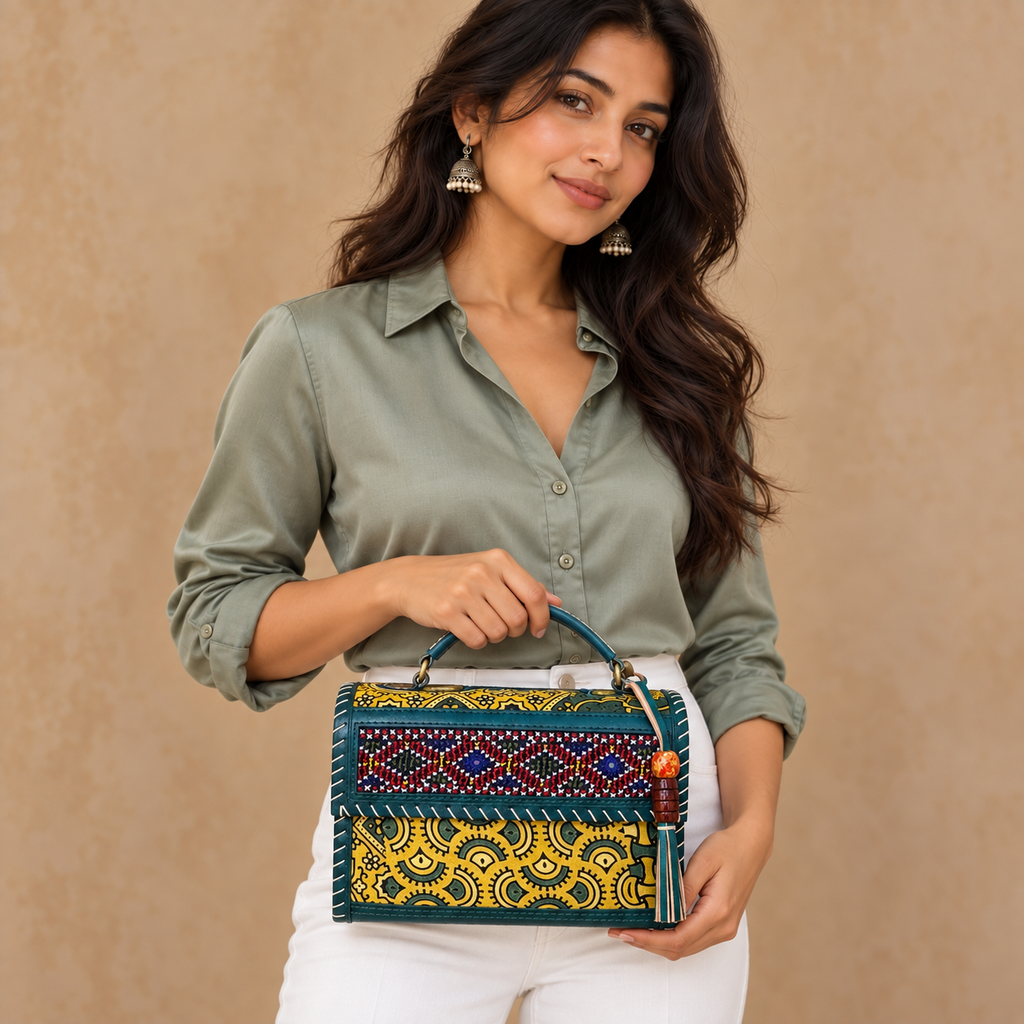 Hut Handbag in mustard teal – model wearing sage blouse and white pants