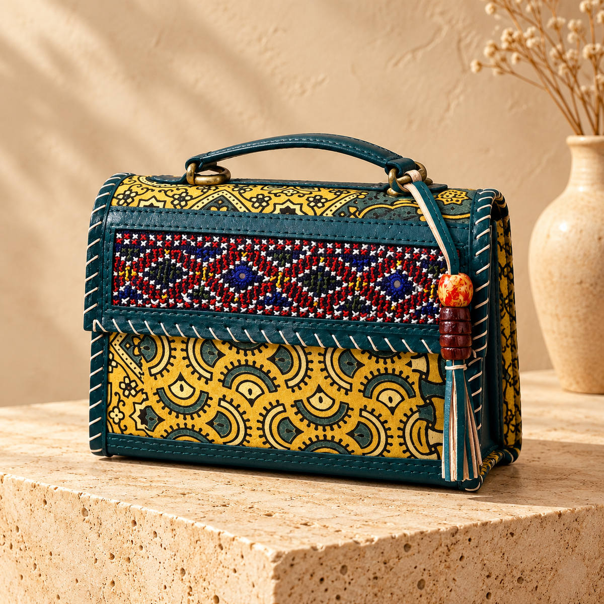 Hut Handbag in mustard teal – on a stone pedestal